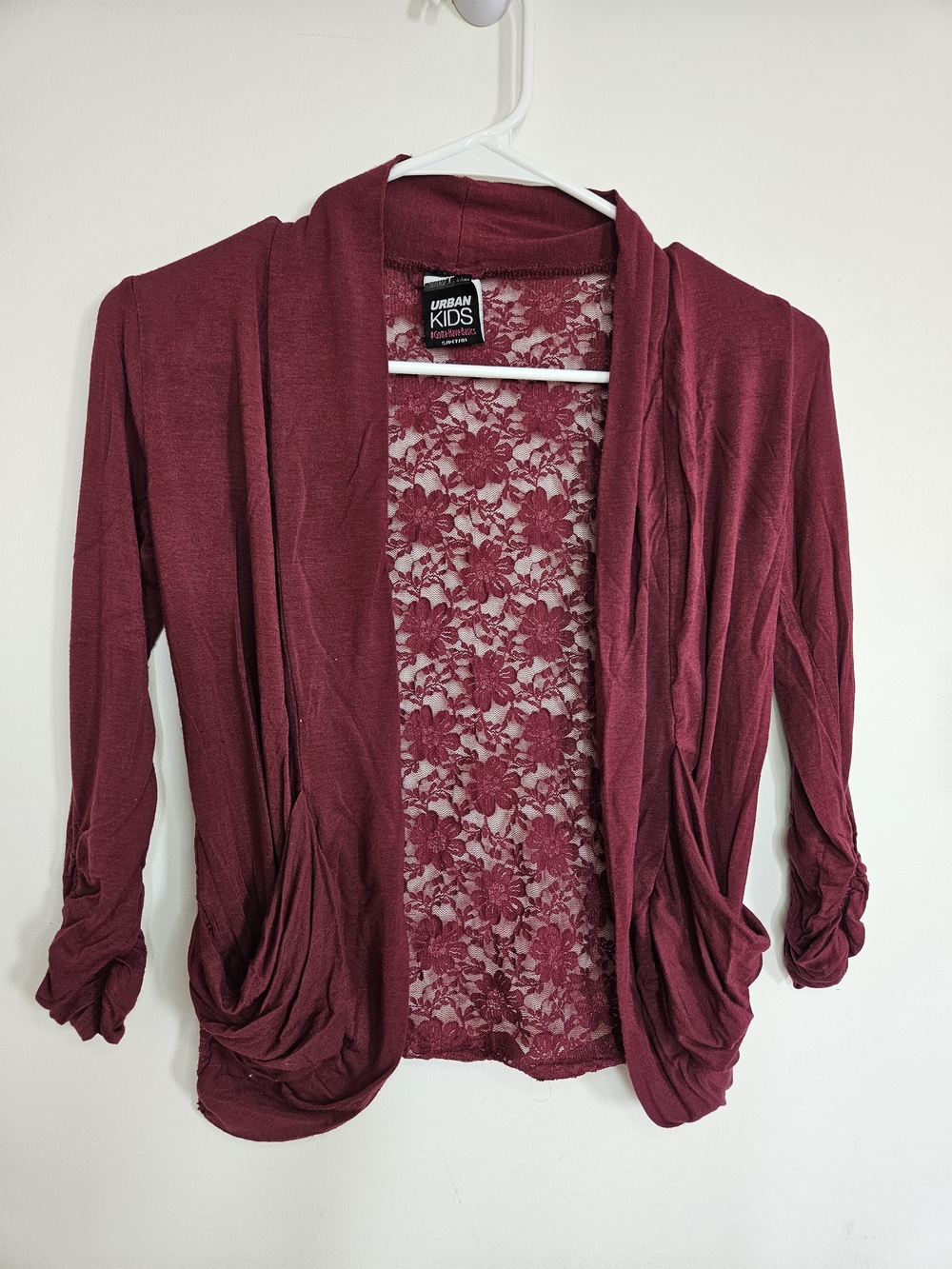 Urban Kids Girls Burgundy Open Front Cardigan Lace Back Ruched Sleeve 7/8🩷